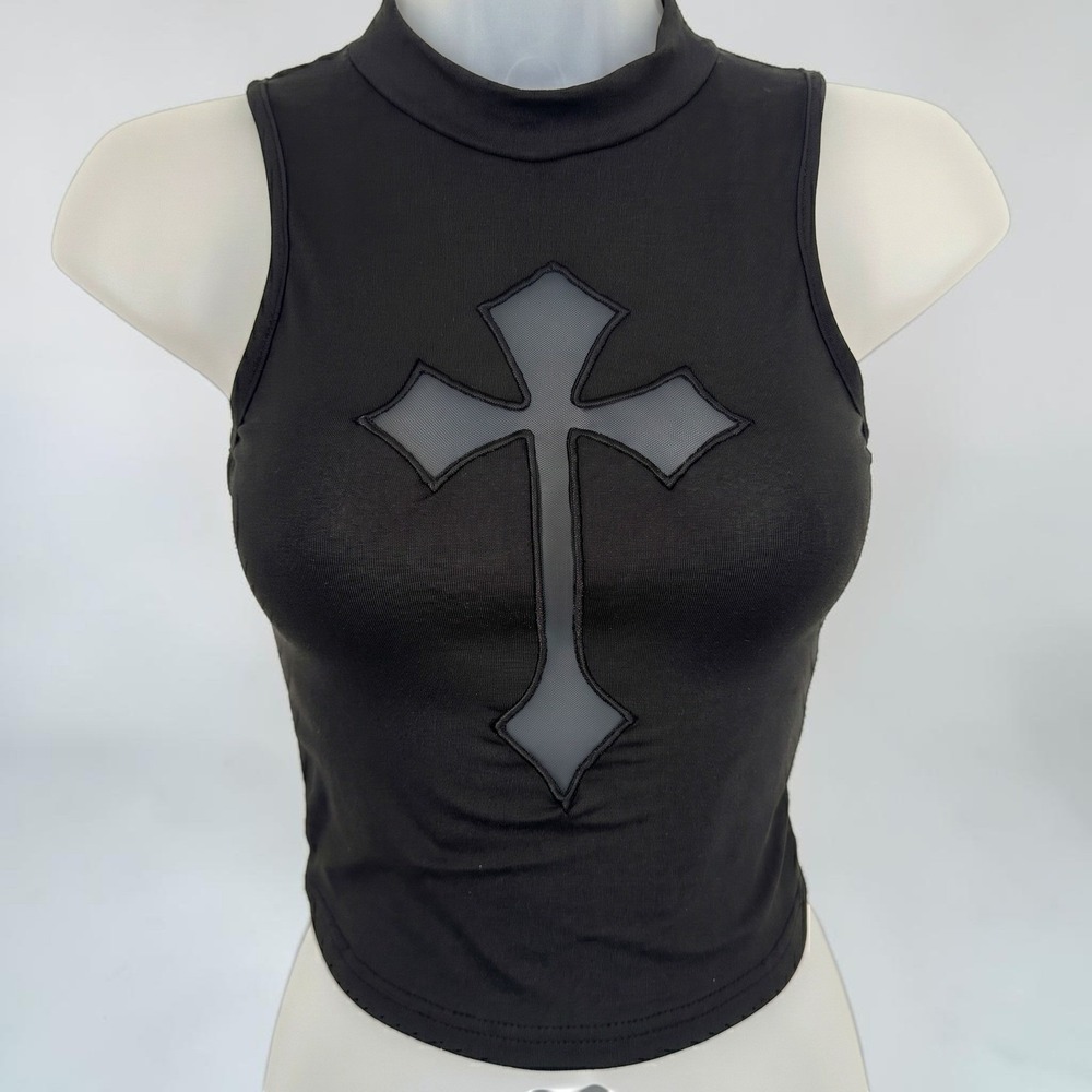 New XS Black Sleeveless‎ Mock Neck Crop Top Mesh Cross Cutout Gothic Alt Style